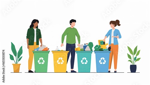 People Sorting Recyclable Waste into Different Colored Bins with Plants