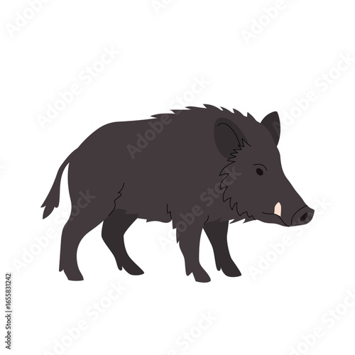 Flat illustration of a wild boar in side profile with dark brown bristly fur and visible tusks. Simple cartoon style, ideal for forest animal themes, educational content, and childrens nature books