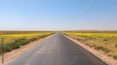 Sunny day on an endless asphalt road, surrounded by forest, blue sky, and green mountains.