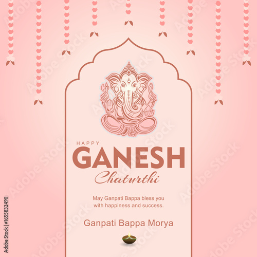 Ganesh Chaturthi Festival Background with Pink Floral Garland and Lord Ganesha Line Art Illustration, Hindu Religious Greeting Card Design 2025