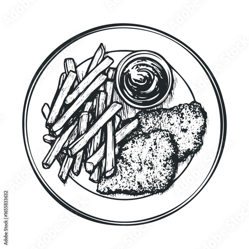 Black and white drawing of fish and chips with sauce on plate