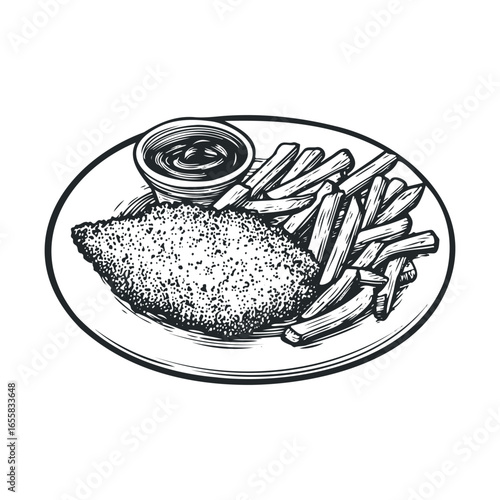 Illustration of breaded cutlet with fries and dipping sauce on plate
