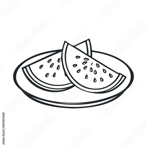 Illustration of watermelon slices on a plate - black and white line art