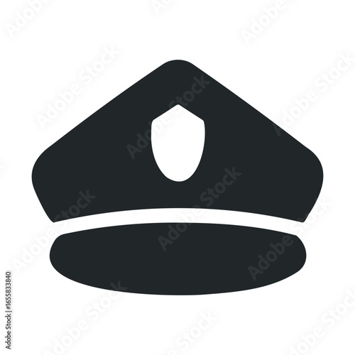 Minimalist black police hat icon on white background