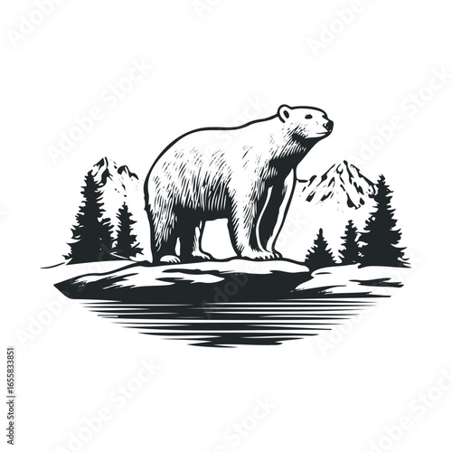 Majestic polar bear standing on rock amid snowy mountains and pine trees