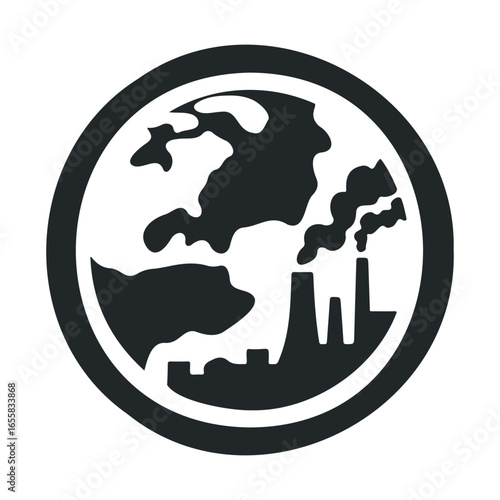 Industrial pollution icon with factory and smoke emissions affecting earth