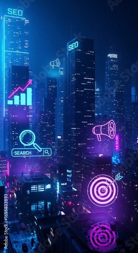 An illustration of a data-driven city with floating SEO icons for analytics, search, and targeting, symbolizing a digital economy
