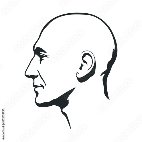 Silhouette of bald mature caucasian man's profile against white background