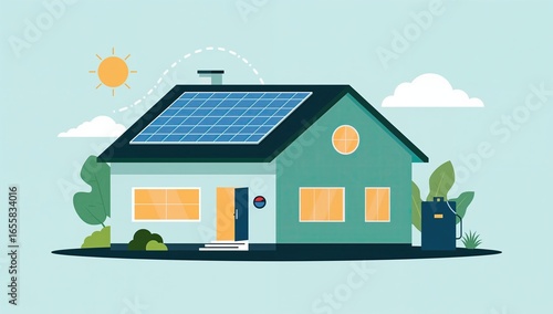 Eco-Friendly Home with Solar Panels, Sun, and Sustainable Energy Concept.