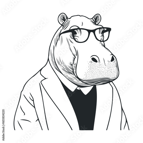 Hipster hippo in glasses and suit: stylish anthropomorphic animal