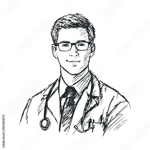 Sketch of young caucasian male doctor with glasses and stethoscope