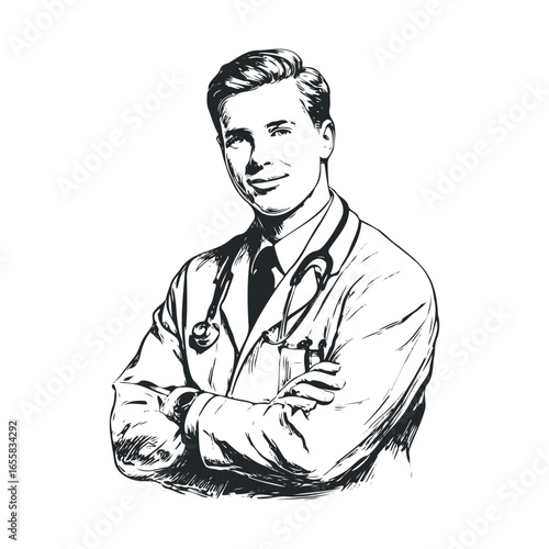 Smiling male caucasian young adult doctor with stethoscope sketch
