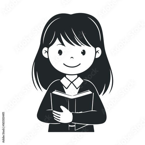 Cartoon illustration of smiling female child reading a book