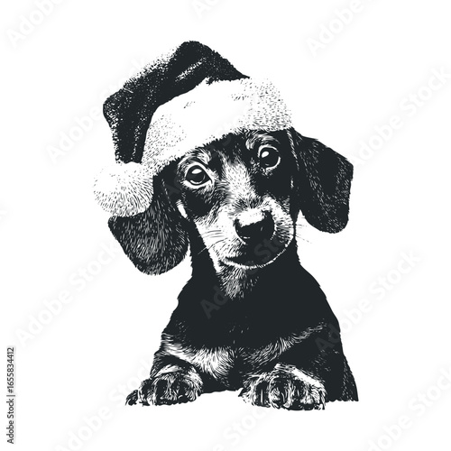 Adorable dachshund puppy in santa hat sketch on white background