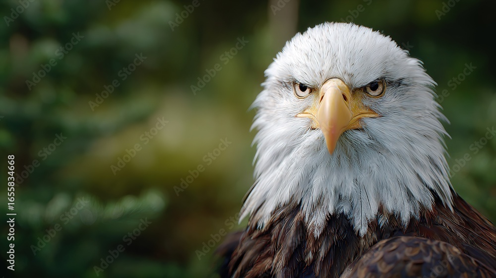 Obraz premium Close up portrait of bald eagle with piercing eyes and sharp beak against blurred green forest background