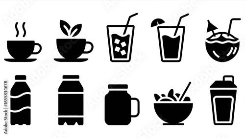 Minimalist Outlines of Assorted Beverages Coffee Tea Juice Water and Smoothies on a Black Background