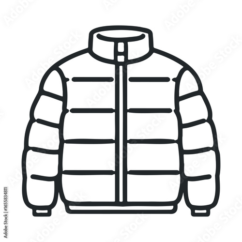 Black and white illustration of a winter puffer jacket with front zipper