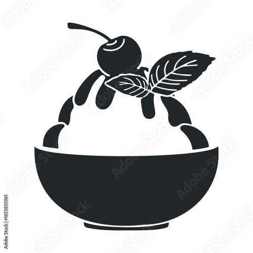 Silhouette of ice cream sundae with cherry and chocolate drizzle