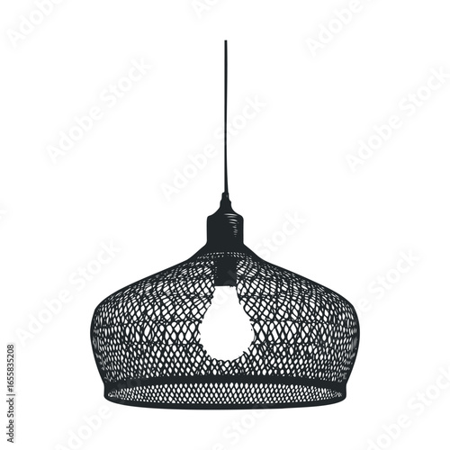 Intricate black wire mesh pendant light hanging with exposed bulb