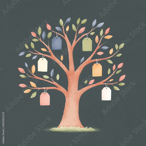 A Watercolor Tree with Colorful Tags Hanging from its Branches, against a Dark Background