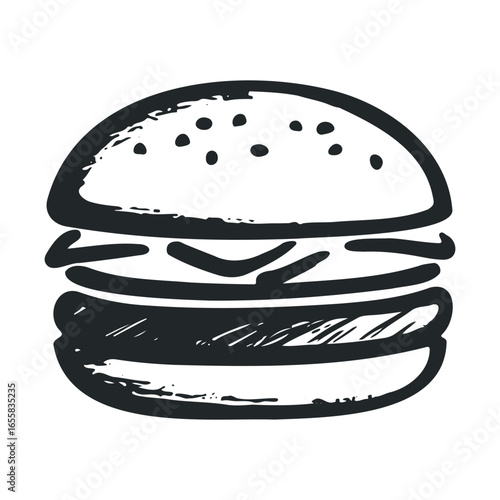 Hand-drawn black and white burger sketch with sesame seed bun and patties