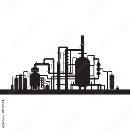 Industrial factory plant with chimneys and pipes black silhouette illustration vector design,