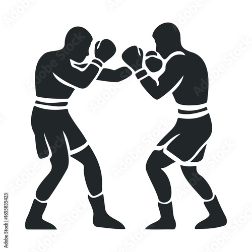 Silhouette of two male boxers sparring in boxing match