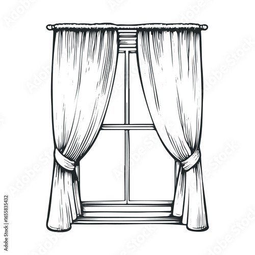 Hand-drawn window with draped curtains in black and white illustration