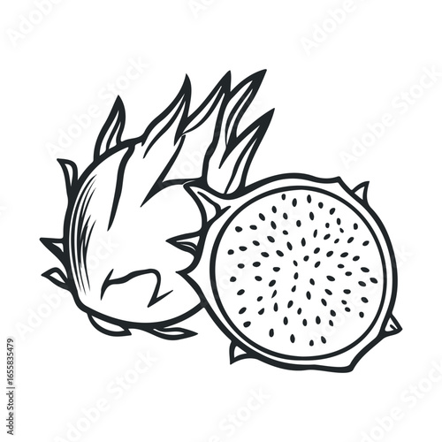 Black and white line drawing of whole and sliced dragon fruit