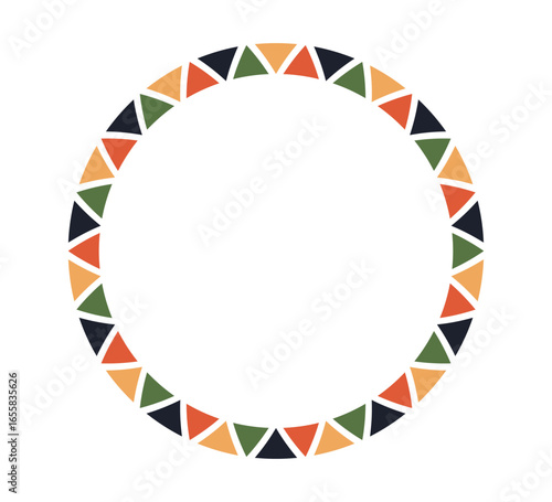African pattern circle frame. Mexican ethnic motif border. Triangular islamic ornament round frame. Sun stamp emblem. African ethnic culture ornament Vector illustration isolated on white background.