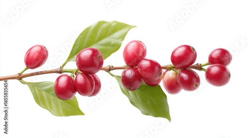 Ripe coffee berries on a branch showcase the natural vibrancy of coffee production, presented in a clean studio style.