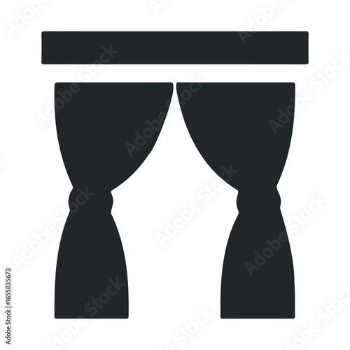 Minimalist black curtain icon with valance on white background