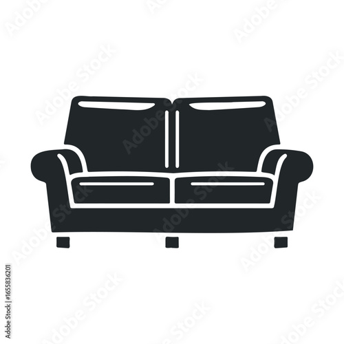 Minimalist black sofa icon illustration with white outline for modern interiors