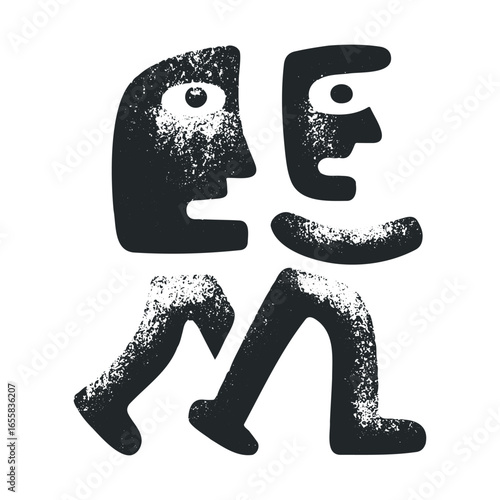 Abstract monochrome artwork with stylized human figures in motion