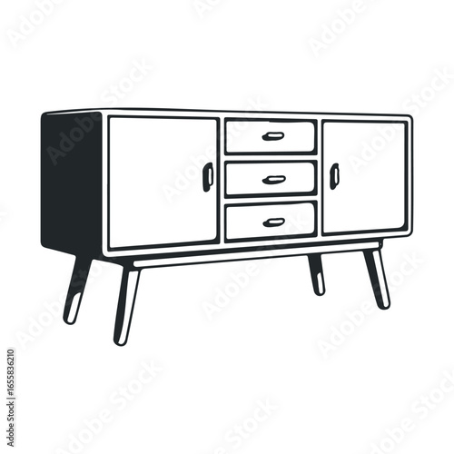 Mid-century modern sideboard black and white illustration