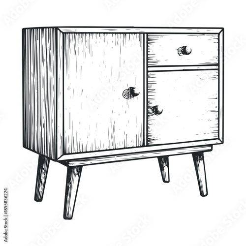 Black and white vintage wooden cabinet with simple design and knob handles