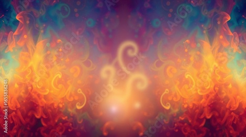 Abstract swirls of orange red and yellow set against a blurred purple and blue background with a central indistinct swirling shape