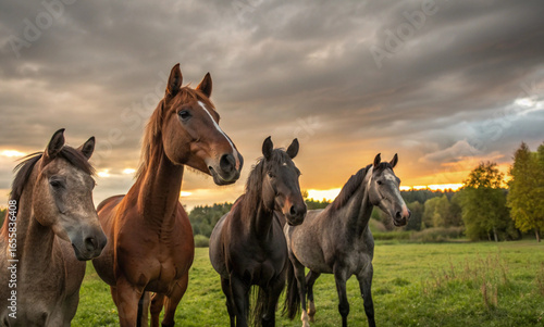 A group of four horses standing in a green field, with a dramatic sunset and cloudy sky in the background. The horses, featuring a mix of colors including brown and gray, are positioned closely togeth