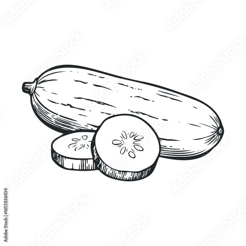 Hand-drawn black and white cucumber with slices illustration