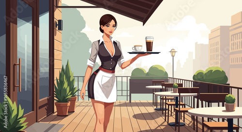 A charming waitress serves beverages on a delightful cafe terrace scene