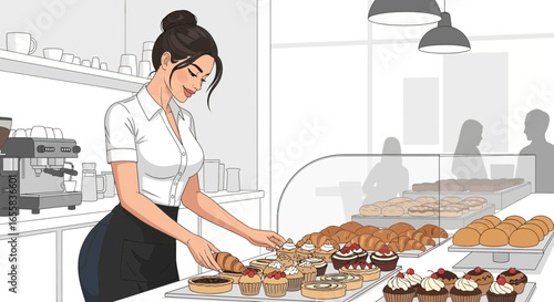 Animated bakery scene featuring a cheerful employee arranging pastries beautifully