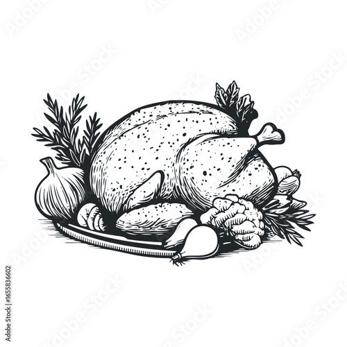 Vintage black and white thanksgiving turkey illustration with vegetables and herbs