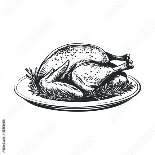 Engraved thanksgiving roast chicken on platter with herbs - classic culinary art