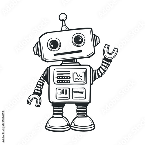 Friendly cartoon robot with antenna and claw hands on white background