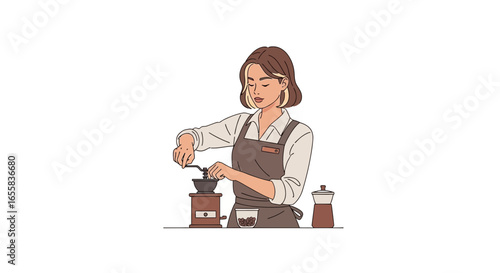 Artistic woman grinding coffee beans for artisanal brewing process