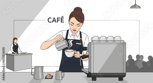 Artistic rendering of a barista crafting latte art in a modern café environment