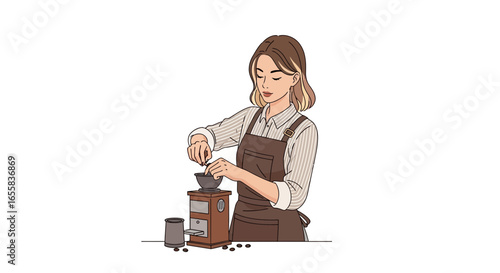 Barista woman grinding coffee beans using manual grinder illustration