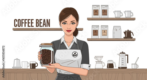 Barista presents a jar of coffee beans in a well-stocked coffee shop
