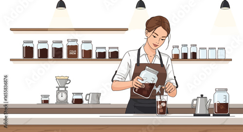 Barista woman preparing refreshing cold brew coffee in a modern cafe shop