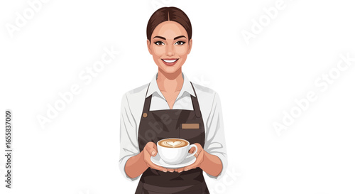 Charming barista holding artful latte, presenting inviting coffee experience